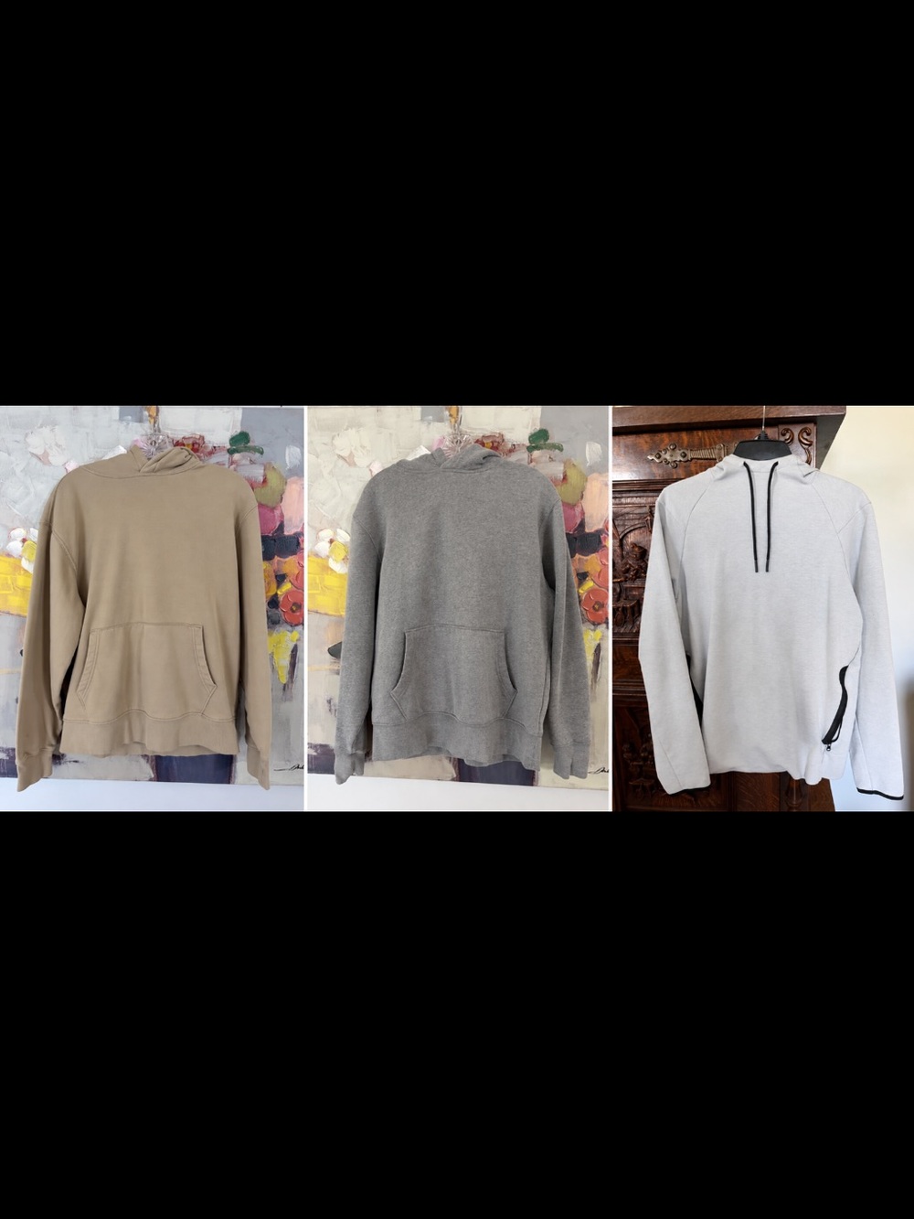 Old Navy Men's Pullover Hoodies in Tan, Gray, and Light Gray
